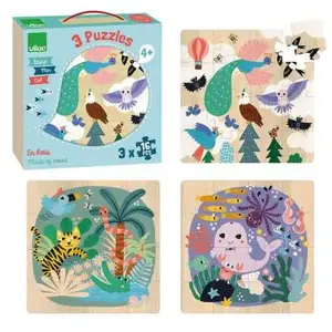 Puzzles en bois Terre Mer Ciel - Vilac - 3 puzzles de 16 pièces chacun