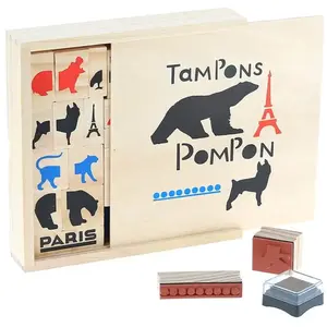 Vilac Coffret Tampons Pompon - AC-DÉCO - 23 tampons artistiques et ludiques - Bois et caoutchouc - Beige pas cher