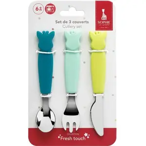 Comparateur de prix : Set de 3 couverts inox et silicone : Sophie la girafe Azur