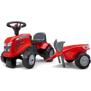 Comparateur de prix : Falk Porteur tracteur Massey Ferguson avec remorque - pelle et rateau - Rouge