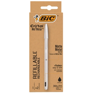 Comparateur de prix : BIC Stylo à bille rechargeable Cristal Re'new à encre noire et 2 cartouches
