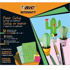 BIC Kit Intensity Kit Cactus en papier avec 12 feutres de coloriage, 8 feutres fins, 2 feutres indélébiles métalliques, 22 feuilles imprimées prédécoupées - Couleurs assorties, Set de 44 pièces