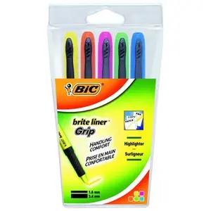 Comparateur de prix : BIC Pochette de 5 Surligneurs HIGHLIGHTER GRIP Pte Biseau Moy J/R/V/B/O