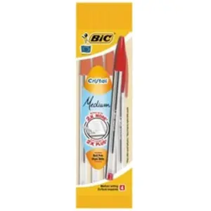 Comparateur de prix : Stylos à bille Cristal® Original - BIC - Lot de 4 - Encre rouge - Pointe moyenne - Corps transparent