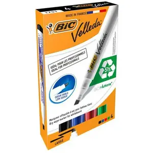 Comparateur de prix : Marqueur Velleda 1751 Bic Effaçable à sec pointe biseau - Pochette x 4 couleurs