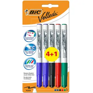 BIC - Lot de 5 feutres effaçables à sec Velleda 1741 - Couleurs assorties - Encre pigmentée pas cher