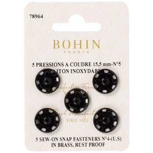 Bohin Bouton pression à coudre 15,5 mm noir par 5