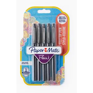 Paper Mate Flair Original - 5 Feutres - Noir - pointe moyenne 0.7 mm, Sous blister