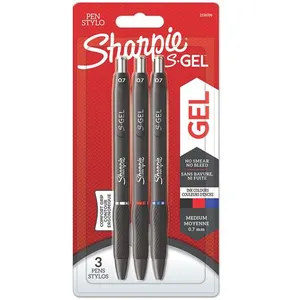 SHARPIE S-Gel Stylos gel Pointe moyenne (0,7 mm) Encre noire, rouge et bleue Lot de 3