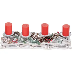 Decoshop26 Couronne de l'avent allongée décoration de noël arrangement de l'avent bois 11 x 15 x 50 cm blanc-gris avec bougies rouges