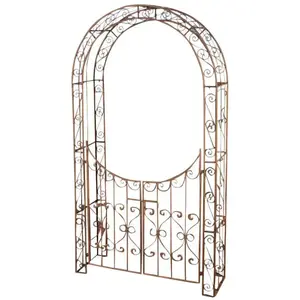 DÉCOSHOP26 Arche treillis de jardin avec portillon support pour plantes grimpantes metal marron vieilli 10_0003944