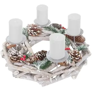 Decoshop26 Couronne de l'Avent ronde décoration de table Noël en bois ø 35cm blanc-gris avec bougies blanc