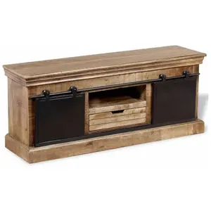HELLOSHOP26 Meuble télé buffet tv télévision design pratique avec 2 portes coulissantes bois de manguier massif 2502093