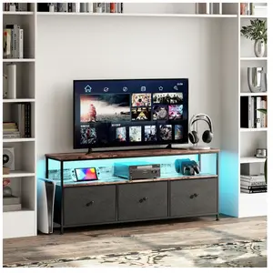 DREAMMESPACE Meuble tv led 108x30x57cm - 3 tiroirs en tissu cuir et métal noir - Noir pas cher