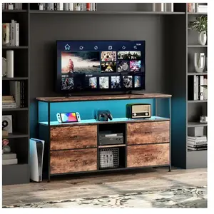 DREAMMESPACE Fortuna Lai - Meuble tv led 137x30x78cm - 4 tiroirs, 2 compartiments et étagère - tissu cuir et métal noir - Marron pas cher