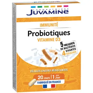 Comparateur de prix : JUVAMINE PROBIOTIQUES VITAMINE D Immunité 20 gélules gastro-résistante...
