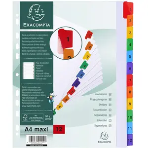 Comparateur de prix : EXACOMPTA Lot de 10 Jeux intercalaire 12 Positions A4 maxi Carte blanche 160g Onglets Renforcés
