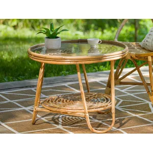 Table basse ronde en rotin avec plateau en verre - Jardiline pas cher