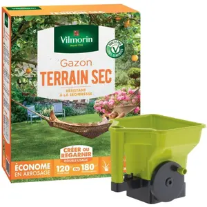 Gazon Terrain Sec - 3 kg + Semoir à main Gazon/Engrais | Vilmorin Jardin pas cher