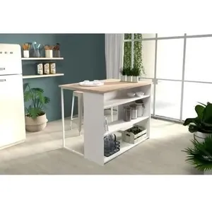 EKIPA Îlot central Hub blanc et imitation chêne avec 3 étagères L. 116 x l. 90 cm pas cher