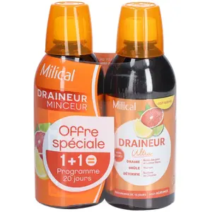 Comparateur de prix : MILICAL Draineur minceur ultra goût agrumes lot de 2 x 500ml dont 1 flacon OFFERT