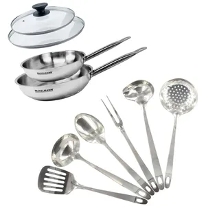 FACKELMANN Set de 2 poêles 20 et 24 cm en inox, 2 couvercles verre et 6 ustensile... pas cher