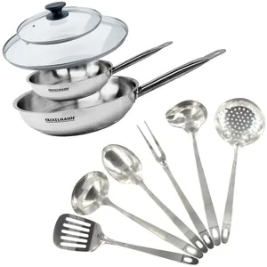 FACKELMANN Set de 2 poêles 20 et 28 cm en inox, 2 couvercles verre et 6 ustensile... pas cher