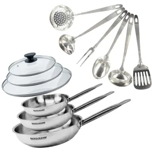 Comparateur de prix : Set de 3 poêles 20, 24 et 28 cm en inox, 3 couvercles verre et 6 usten...