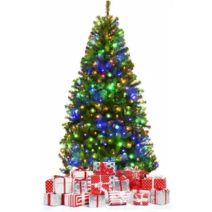 Sapin de Noël LED Lumineux 120cm COSTWAY-100 Lumières LED Multicolore à 11 Modes-5 Changements de Couleur-Pied en Métal-Branches PVC pas cher