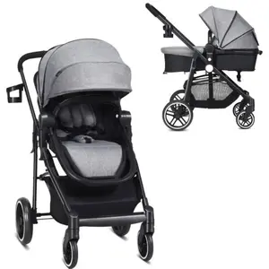 Poussette Bébé 4 Roues 2-en-1 COSTWAY-Pliage à une Main-Siège Réversible-Dossier,Auven Réglable-Housse de Pied-0-3 Ans,15KG-Gris