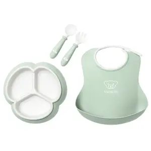 Set Repas Bébé Béaba Silicone - Assiette, Tasse, Cuillère, Bavoir, Vert Sauge/Gris
