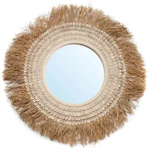 Bazar Bizar Miroir en raphia et coquillages naturel blanc D75 pas cher