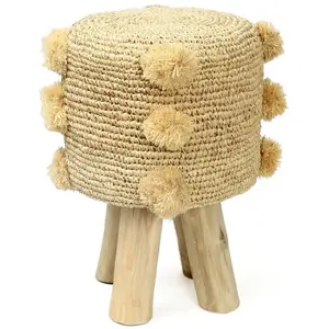 Tabouret Bohème Chic Naturel à Pompons en Bois de Teck, Raphia pas cher