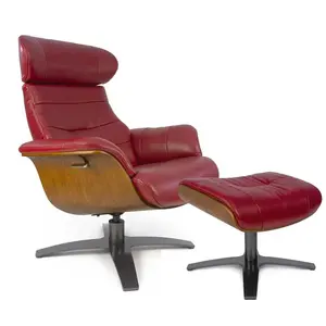 MND MY NEW DESIGN Fauteuil relax manuel et pouf en cuir rouge et chêne naturel pas cher