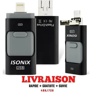 ISONIX Clé USB 64 go 3 en 1 Compatible IOS/Android Pour Apple Iphone X/8/7/6/5 Samsung/Ipad/Macbook/Win OTG Noir pas cher