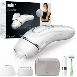 Braun Silk·expert Pro 3 Épilateur À Lumière Pulsée, Épilation Semi-Définitive, Pour Jusqu'à 1 An De Peau Douce, Alternative Douce Au Laser, 1 Pochette, 1 Rasoir Venus, 2 Têtes, Blanc/Argent, PL3136