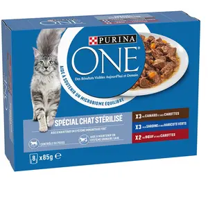Comparateur de prix : Lot mixte PURINA ONE Spécial Chat Stérilisé 8 x 85 g - canard, b uf, s...