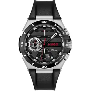 Montre Homme HUGO - Bracelet Cuir Sauvage - Noir - Quartz - Étanche 50m pas cher
