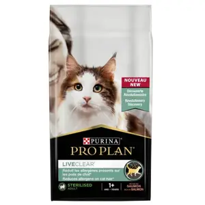 Comparateur de prix : 1,4kg PRO PLAN LiveClear Sterilised Adult saumon - Croquettes pour chat
