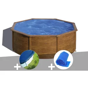GRE Kit piscine acier aspect bois Gré Sicilia ronde 3,70 x 1,22 m + Bâ... pas cher