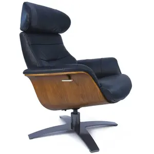 My New Design Fauteuil de relaxation en cuir noir et bois chêne naturel