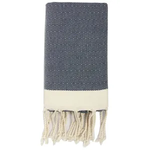 Febronie Plaid coton bleu pétrole / écru 160x250 pas cher