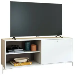 BRV Meuble tv Bar 60 Pouces Blanc 1 Porte 4 Niches Pieds Métal Ronds l 142 h 56 p 35 cm