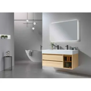 Comparateur de prix : Meuble de salle de bain double vasque 120cm bois et blanc effet marbre...