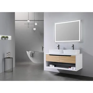 Comparateur de prix : Meuble de salle de bain double vasque 120cm bois et blanc avec miroir ...