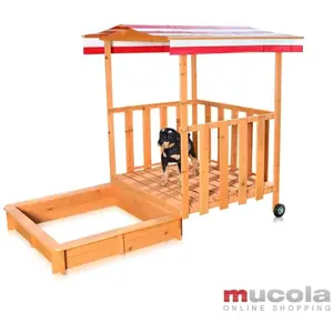Melko Bac à sable Bac à sable avec couverture et protection solaire en bois pour enfants, 182 x 100 x 140, avec véranda et garde-corps, toit rouge blanc pas cher