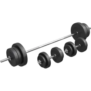 Comparateur de prix : Gorilla Sports Set d'haltères 70 Kg avec disques revêtement plastique + barre longue noir 70kg