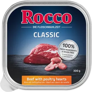 9x300g Rocco Classic en barquettes boeuf, coeurs de volaille - Pâtée p... pas cher