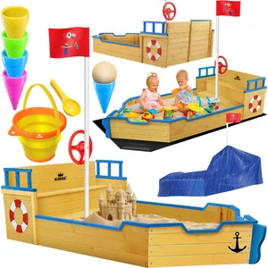 Kidiz - Bac à sable Ahoi - Bateau pirate Bateau à voile en bois Avec couvercle Plancher Banc Mât de drapeau Jouets de sable Bleu pas cher