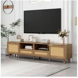 MODERNLUXE Meuble TV 200 cm en rotin Style campagnard , Banc tv en bois 2 portes 2 tiroirs 2 compartiments pour salon ou pour la chambre, Brun pas cher